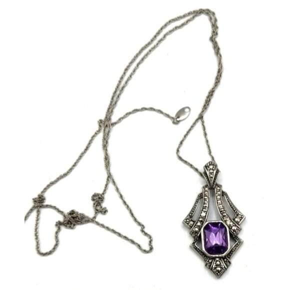 Silver Tone Art Deco Pendant Purple Center Stone With Marcasite Accents - Picture 2 of 4
